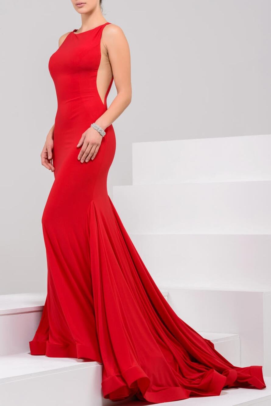 Jovani 37592 Red Jersey High Neck Open Back Mermaid Formal Gown Sz 6 MSRP 550